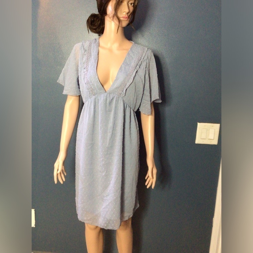 Heathered Gray Mini Dress with Deep V-Neckline and Short Sleeves (0065)